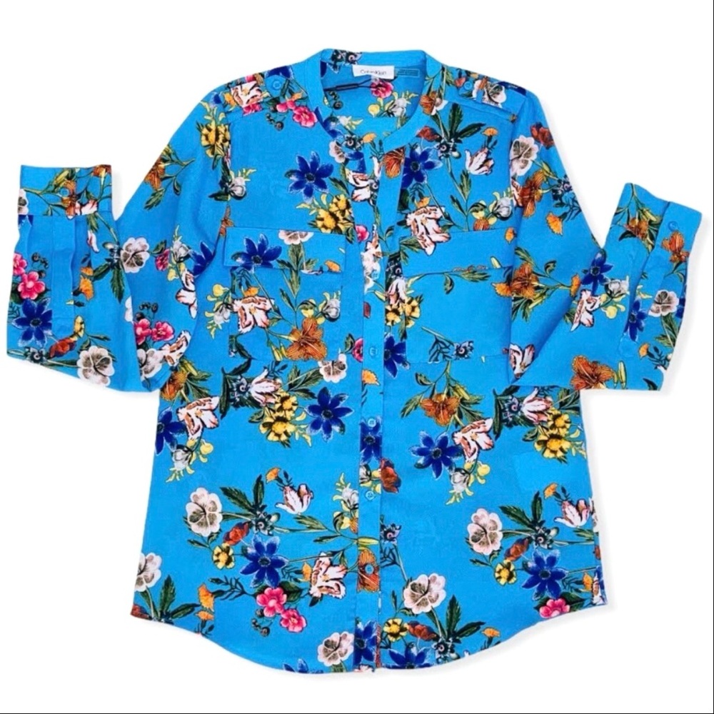 Calvin Klein Georgette Floral Blouse Roll-Sleeves Pockets Long Sleeve Blue - Picture 7 of 10